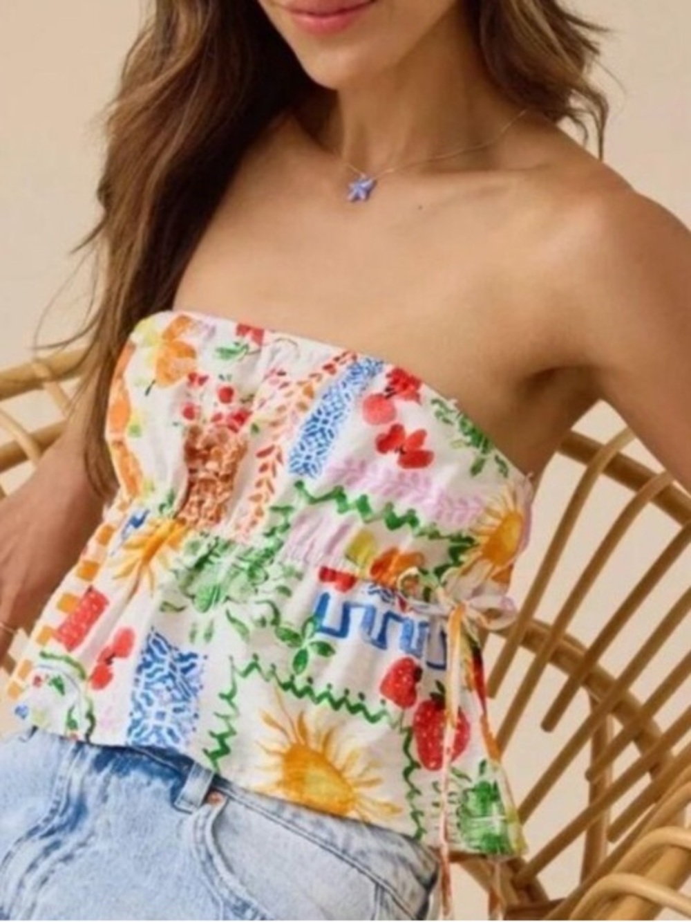 ALTAR'D STATE Spencer Postcard Print Tube Top Ivory Multi Large L NEW NWT